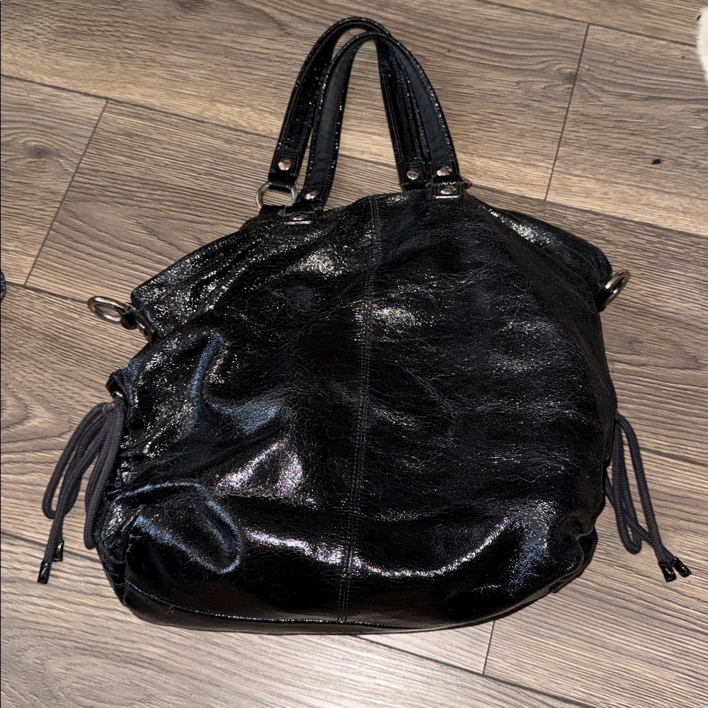 AUTH COACH POPPY GLOSSY CRINKLE PATENT LEATHER SATCHEL BAG PURSE 13869 BLACK - Picture 10 of 11